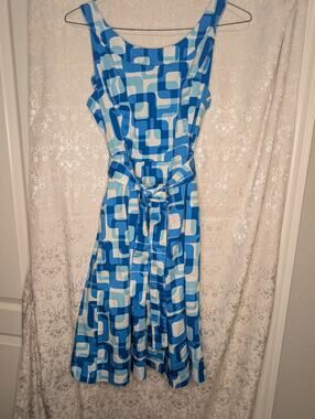 London Style Collection Retro Mod Geometric Dress Blue Squares Sz 14